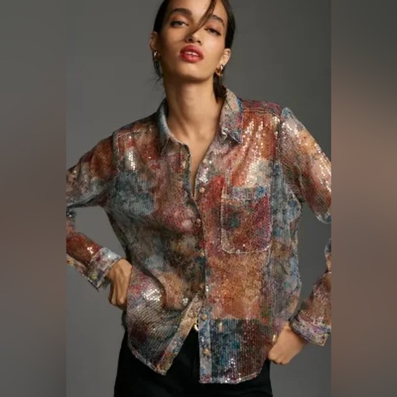 NWT new Anthropologie pilcro shrunken sequin button down shirt multi color XS - Picture 1 of 17
